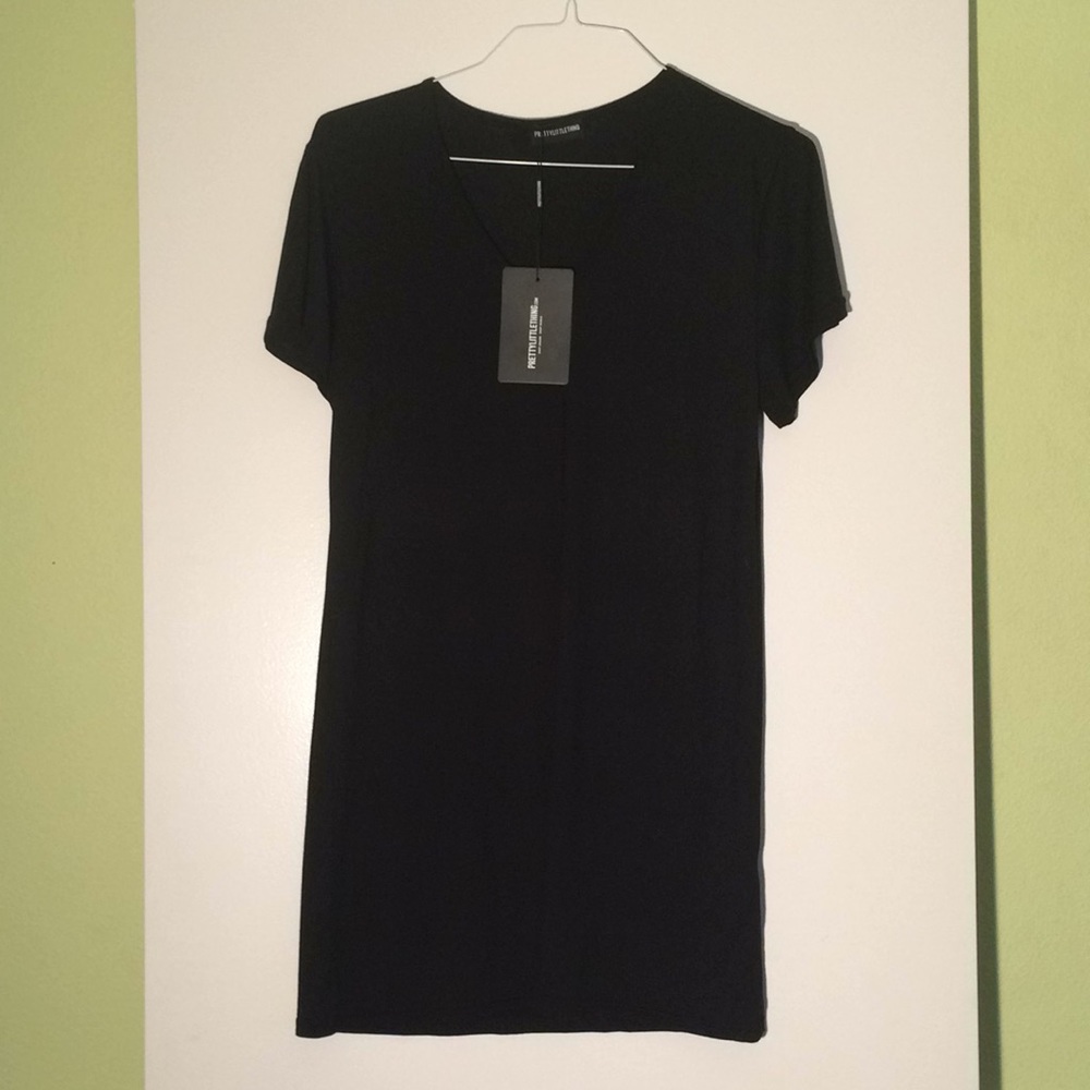 Black v neck t-shirt dress.
